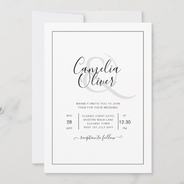 Invitation Tout-en-1 élégant Mariage blanc classique (Devant)