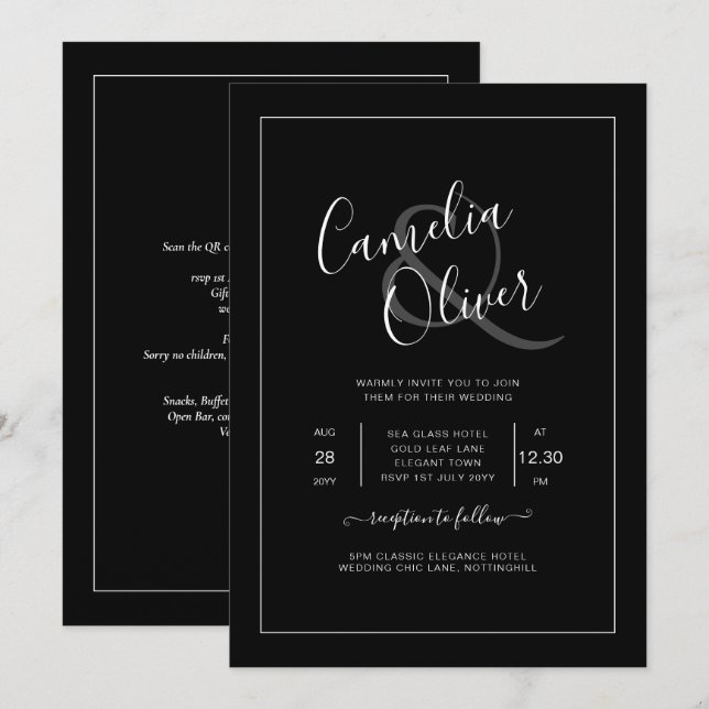 Invitation Tout-en-1 élégant Mariage de police noir blanc cla (Devant / Derrière)