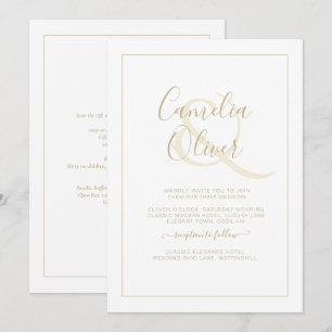 Invitation Tout-en-1 Elégante police blanche or Mariage class