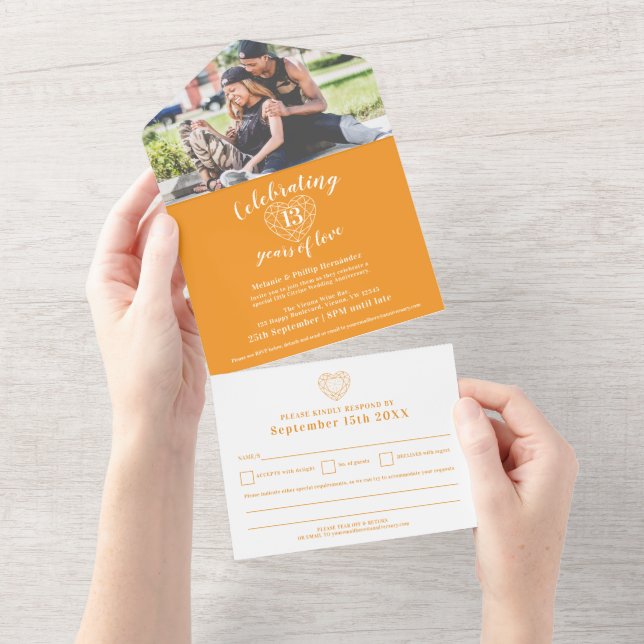 Invitation Tout En Un 13e anniversaire mariage citrine orange RSVP photo (Déchirure)