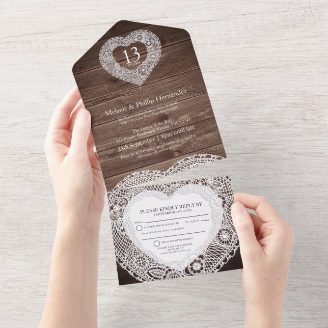 Invitation Tout En Un 13e mariage de dentelle anniversaire pas d'envelop (Déchirure)