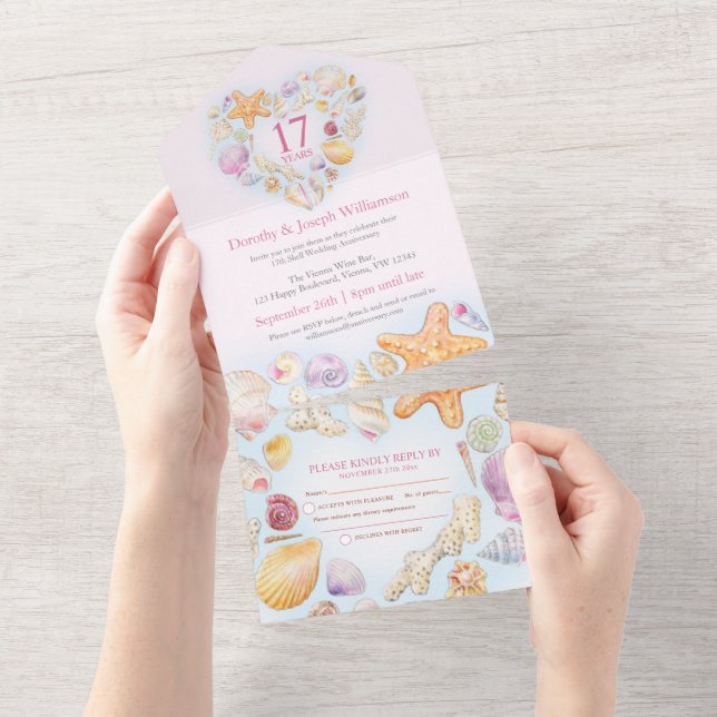 Invitation Tout En Un 17e anniversaire mariage coquille d'aquarelle coeu (Déchirure)