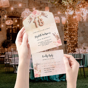 Invitation Tout En Un 18e anniversaire pampas herbe fleurons rose rose R