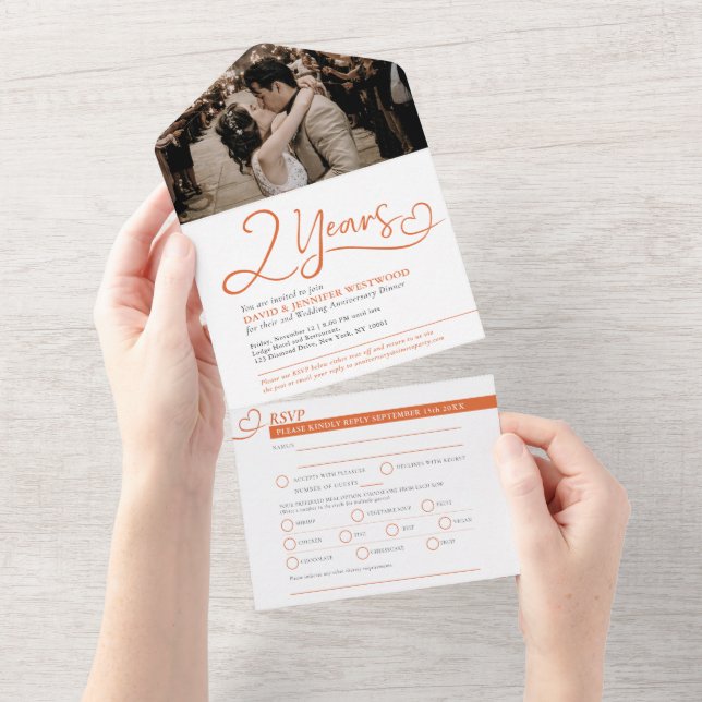 Invitation Tout En Un 2e Mariage Anniversaire repas RSVP mannet mandarin (Déchirure)