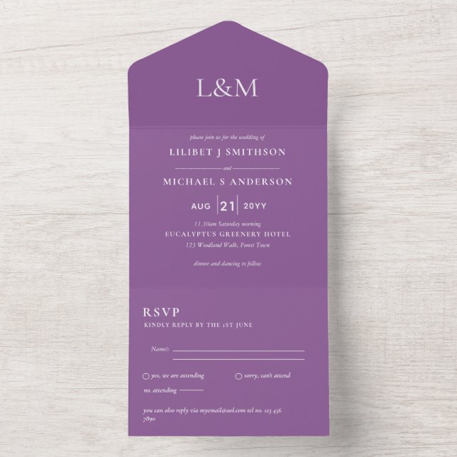 Invitation Tout En Un 3in1 Berry Violet Texte uniquement Mariage Inviter (À l'intérieur)