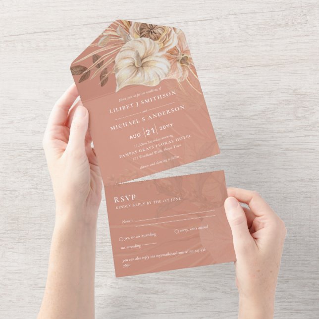 Invitation Tout En Un 3in1 BOHO Pampas Grass Terracotta Wedding RSVP (Déchirure)