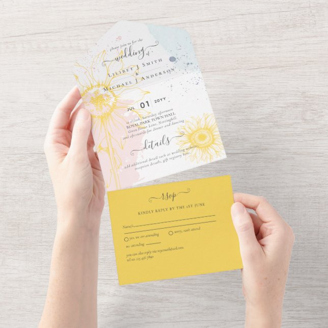 Invitation Tout En Un 3in1 Moderne Tournesol Blush Rose Bleu Mariage RSV (Déchirure)