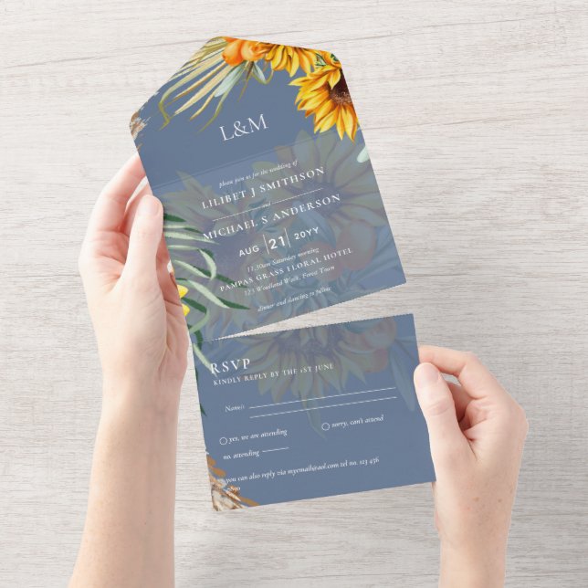 Invitation Tout En Un 3in1 Monogramme Tournesols Pampas Mariage en herbe (Déchirure)