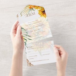 Invitation Tout En Un 3in1 Monogramme Tournesols Pampas Mariage en herbe