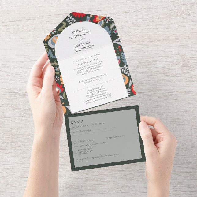 Invitation Tout En Un 3in1 Olive Green Folk Art Floral PHOTO Florale Tou (Déchirure)