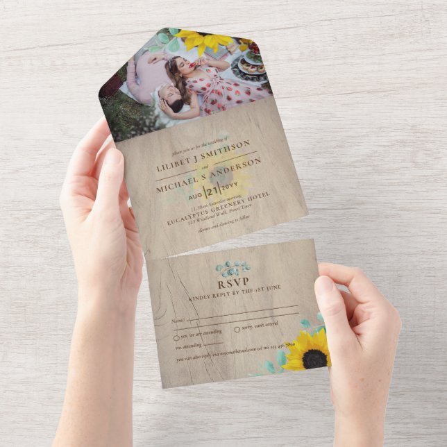 Invitation Tout En Un 3in1 Tournesols rustiques Eucalyptus Mariage RSVP (Déchirure)
