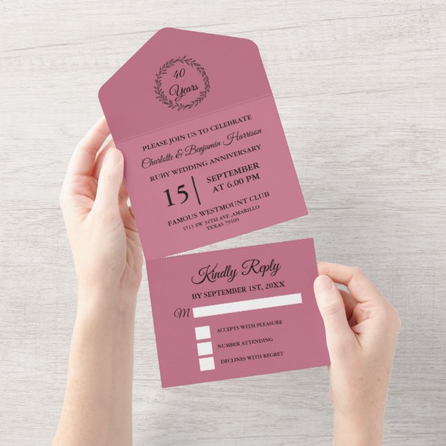 Invitation Tout En Un 40e anniversaire de mariage moderne Rubis  (Déchirure)