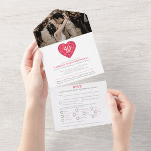 Invitation Tout En Un 40e anniversaire du mariage Ruby coeur rouge RSVP 