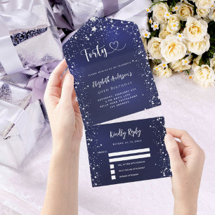 Invitation Tout En Un 40e anniversaire marine bleu argent étoiles rsvp