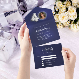 Invitation Tout En Un 40e anniversaire marine bleu argent photo rsvp