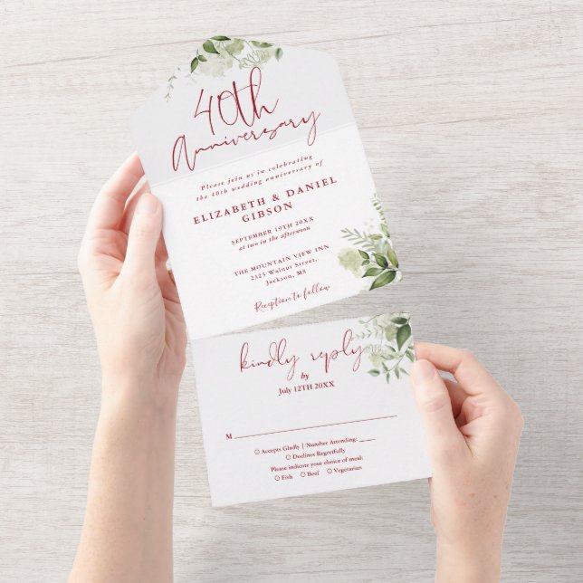 Invitation Tout En Un 40th Wedding Anniversary Greenery Floral (Déchirure)