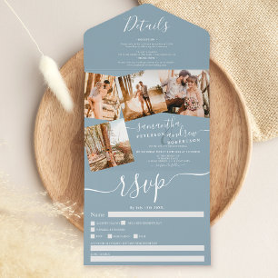 Invitation Tout En Un 4 Photos bleu poussiéreux mariage de script modern