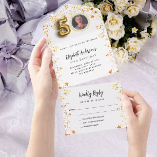 Invitation Tout En Un 50e anniversaire blanc or étoiles fête photo RSVP