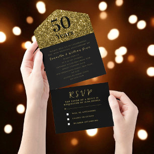 Invitation Tout En Un 50e anniversaire de mariage or noir moderne