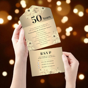 Invitation Tout En Un 50e anniversaire Mariage or floral moderne