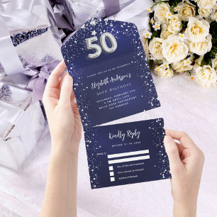 Invitation Tout En Un 50e anniversaire marine bleu argent étoiles rsvp