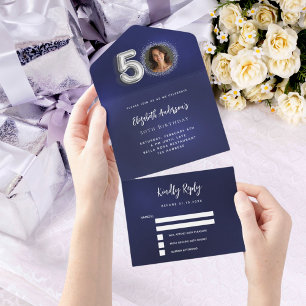 Invitation Tout En Un 50e anniversaire marine bleu argent photo rsvp