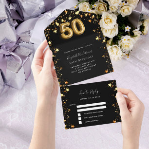 Invitation Tout En Un 50e anniversaire noir étoiles or rsvp