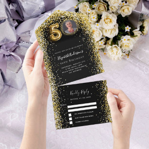 Invitation Tout En Un 50e anniversaire noir or photo rsvp