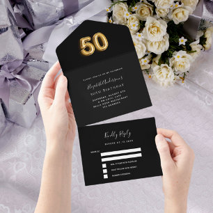 Invitation Tout En Un 50e anniversaire noir or rsvp