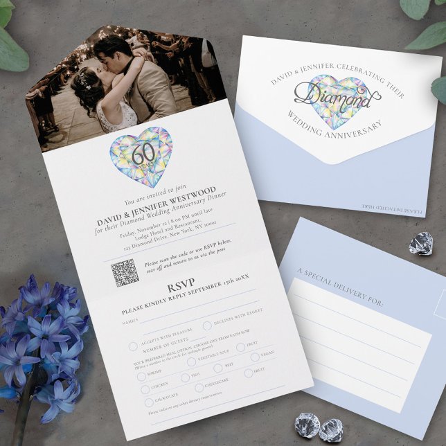 Invitation Tout En Un 60e anniversaire de mariage diamant cœur aquarelle (Créateur téléchargé)