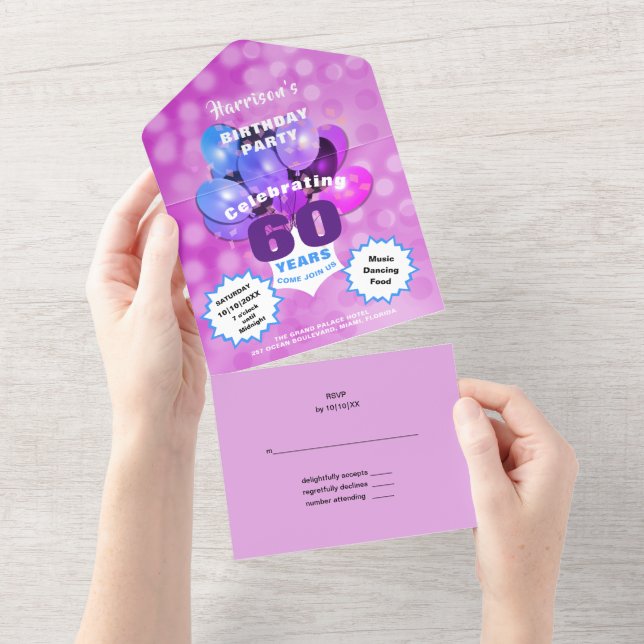 Invitation Tout En Un 60e anniversaire Glam Sparkle Glitz violet bleu (Déchirure)