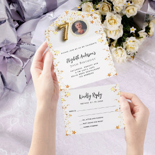 Invitation Tout En Un 70e anniversaire blanc or stars photo fête RSVP