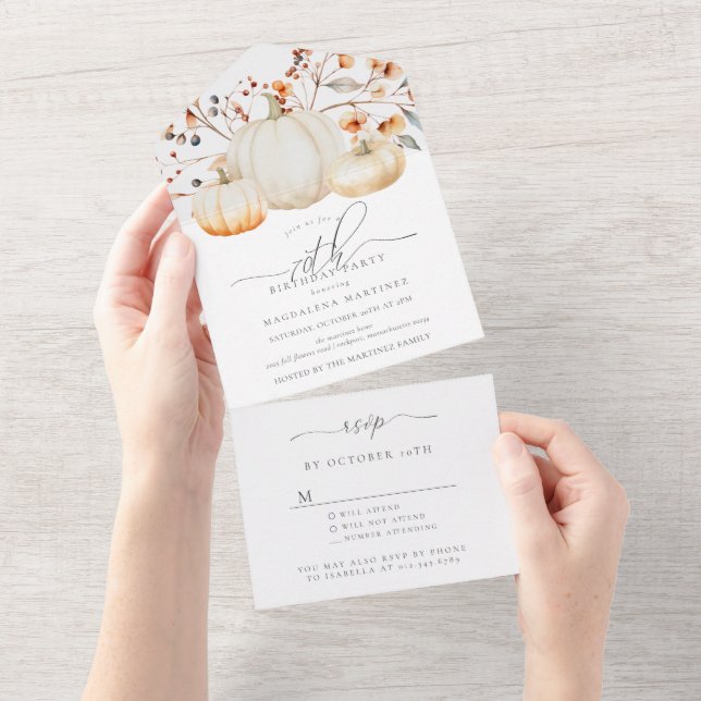 Invitation Tout En Un 70e anniversaire Citrouille de fête Feuilles d'aut (Déchirure)