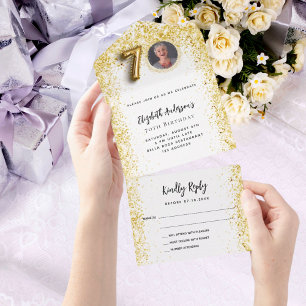 Invitation Tout En Un 70e anniversaire de la fête photo en or blanc RSVP