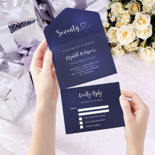 Invitation Tout En Un 70e anniversaire marine bleu argent rsvp