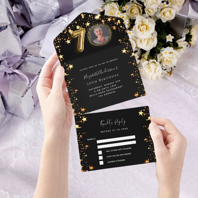 Invitation Tout En Un 70e anniversaire noir étoiles or photo rsvp (Créateur téléchargé)