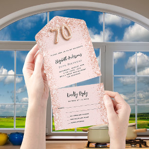 Invitation Tout En Un 70e anniversaire rose or brush fête RSVP