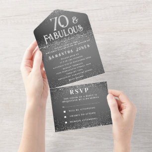 Invitation Tout En Un 70e fête d'anniversaire Noir Blanc Étincelle Moder