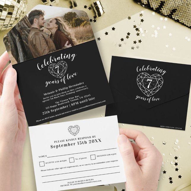 Invitation Tout En Un 7e anniversaire de mariage noir onyx photo RSVP (Créateur téléchargé)