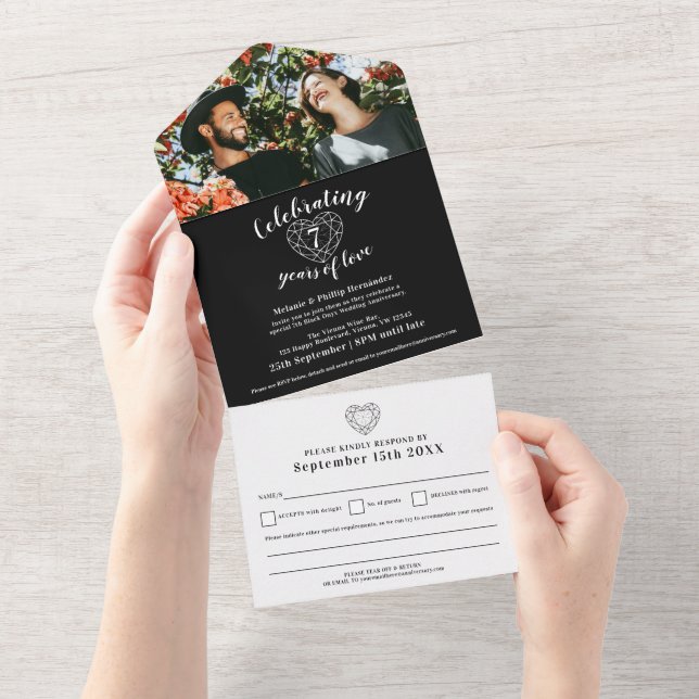 Invitation Tout En Un 7ème anniversaire de mariage onyx noir réponse pho (Déchirure)