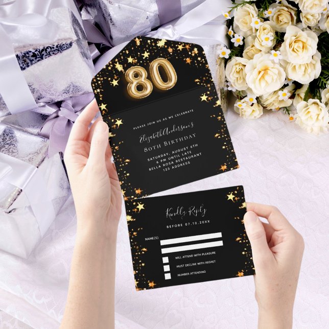 Invitation Tout En Un 80e anniversaire noir étoiles or rsvp (Créateur téléchargé)
