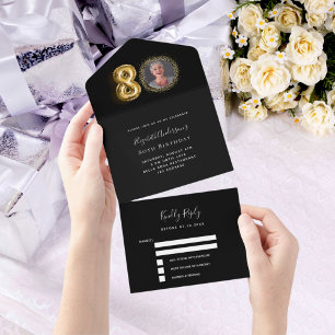Invitation Tout En Un 80e anniversaire noir or photo rsvp