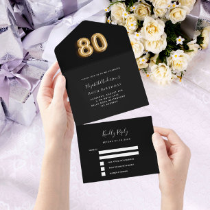 Invitation Tout En Un 80e anniversaire noir or rsvp
