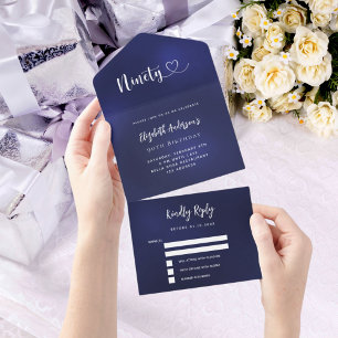 Invitation Tout En Un 90e anniversaire marine bleu argent rsvp