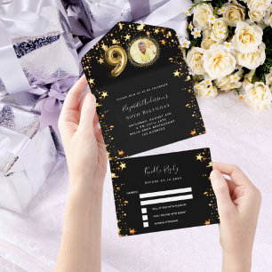 Invitation Tout En Un 90e anniversaire noir étoiles or photo rsvp