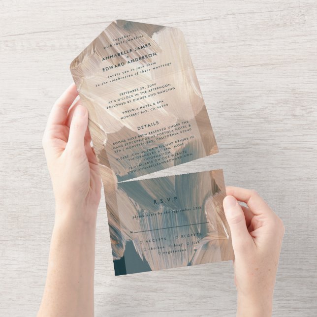 Invitation Tout En Un Abstrait de mariage rsvp  en terre cuite turquoise (Déchirure)