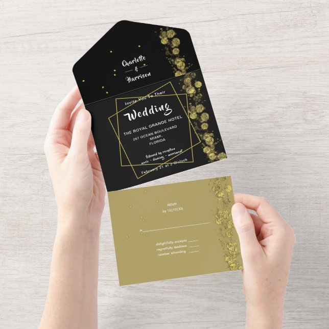 Invitation Tout En Un Abstrait moderne Elegant Black Gold Mariage (Déchirure)