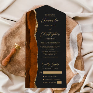 Invitation Tout En Un Agate Orange Brûlé Or Script Sombre