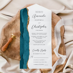 Invitation Tout En Un Agate Turquoise Blue Gold Script