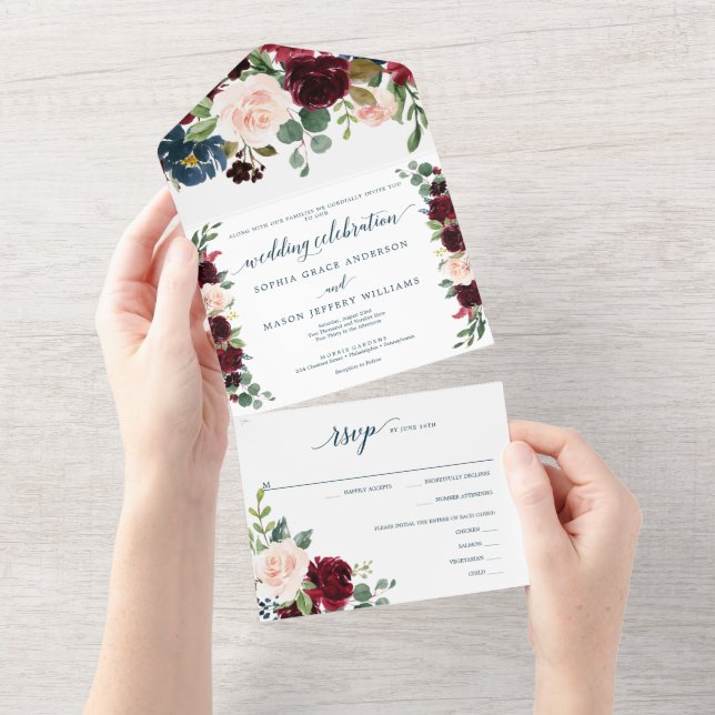 Invitation Tout En Un All in One Burgundy Navy Mariage rustique Invitati (Déchirure)